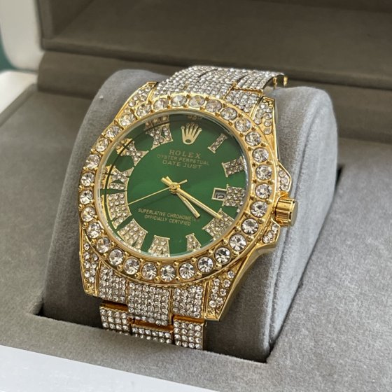 ساعت رولکس فول استون نگین دار بند طلایی صفحه سبز ROLEX کد1428
