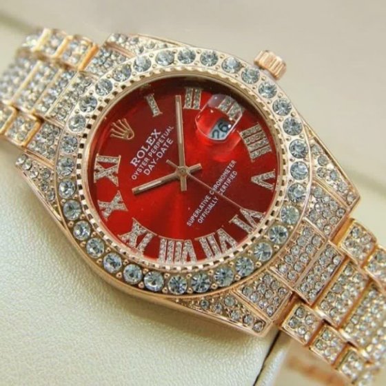 ساعت رولکسفول استون نگین دار بند طلایی صفحه قرمز ROLEX کد1429