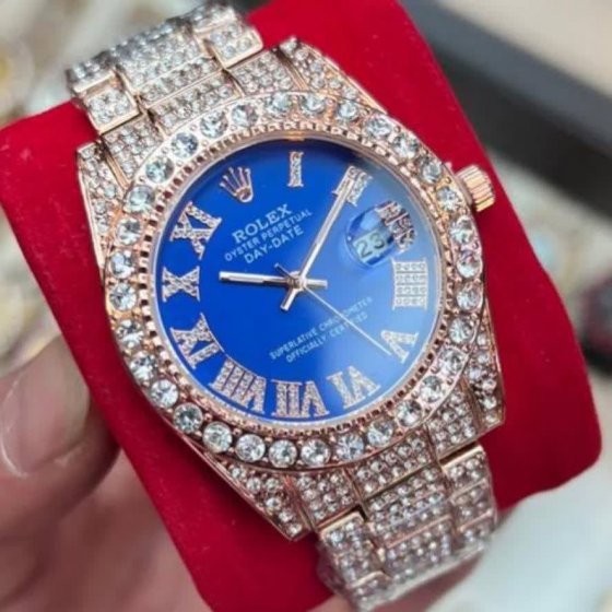 ساعت رولکس فول استون نگین دار بند طلایی صفحه ابی ROLEX کد1430