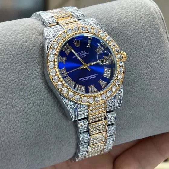 ساعت رولکس فول استون نگین دار بند طلایی نقره ای صفحه ابی ROLEX کد1433