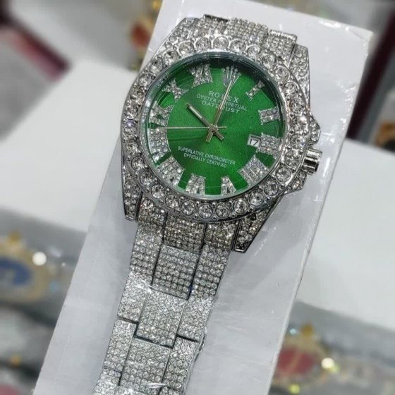 ساعت رولکس  فول استون نگین دار بند  نقره ای صفحه سبز ROLEX کد1437