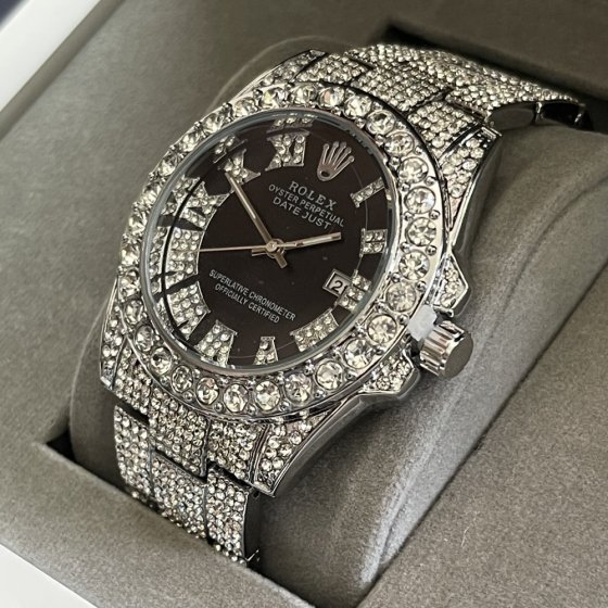 ساعت رولکس فول استون نگین دار بند  نقره ای صفحه مشکی ROLEX کد1438