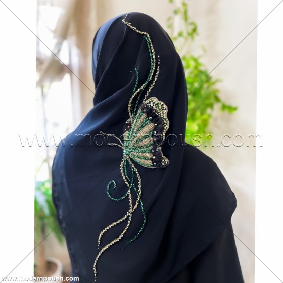 روسری مشکی جواهر دوزی شده مدل پروانه ای دانتل کد 1510