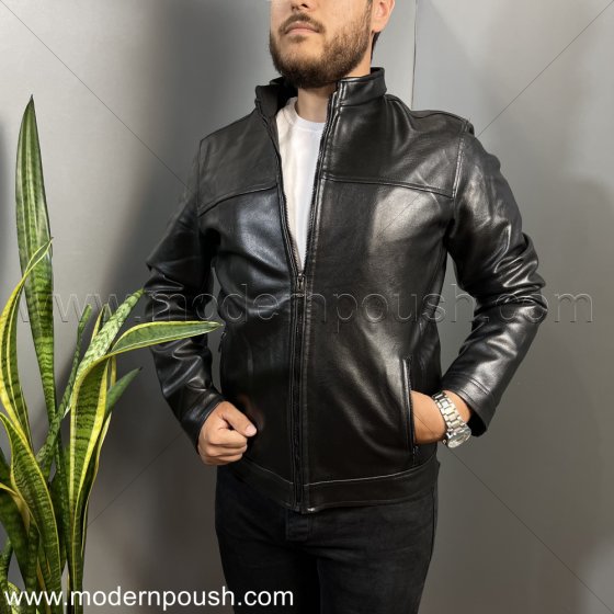 کاپشن چرم مشکی مردانه زمستانه واکس خور  کد 1602