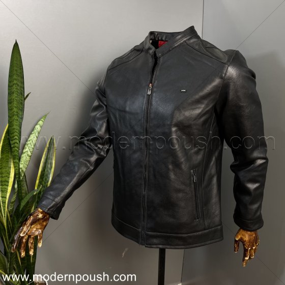 کاپشن چرم مشکی مردانه زمستانه واکس خور کد 1613