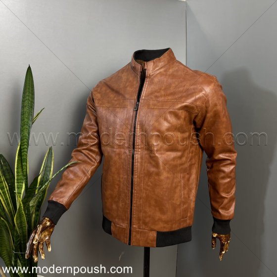 کاپشن چرم عسلی تیره مردانه زمستانه واکس خور (به همراه واکس مخصوص) کد 1618