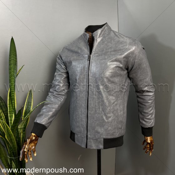 کاپشن چرم طوسی مردانه زمستانه واکس خور (به همراه واکس مخصوص) سایز بزرگ کد 1621