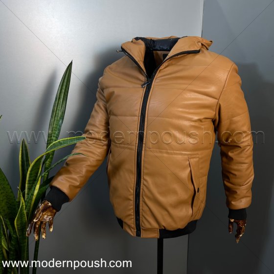 کاپشن چرم کلاه دار مردانه رنگ قهوه ای و پشم شیشه دار زمستانه طرح جدید کد 1663