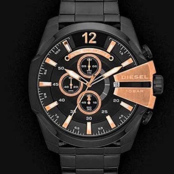 ساعت دیزل حک شاخدار قاب و بند استیل صفحه و بند و قاب مشکی، شاخ رزگلد رینگ رزگلدصفحه بزرگ تقویم دار +باطری اضافی  کد1907