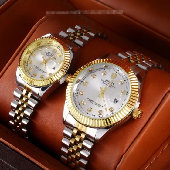 ست ساعت مچی بند استیل طلایی صفحه سفید رولکس+باطری اضافی  کد1952