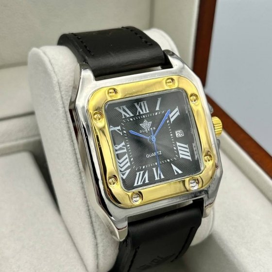 ساعت مچی مردانه بند چرم صفحه مشکی  OUGEES+باطری اضافی  کد 1960